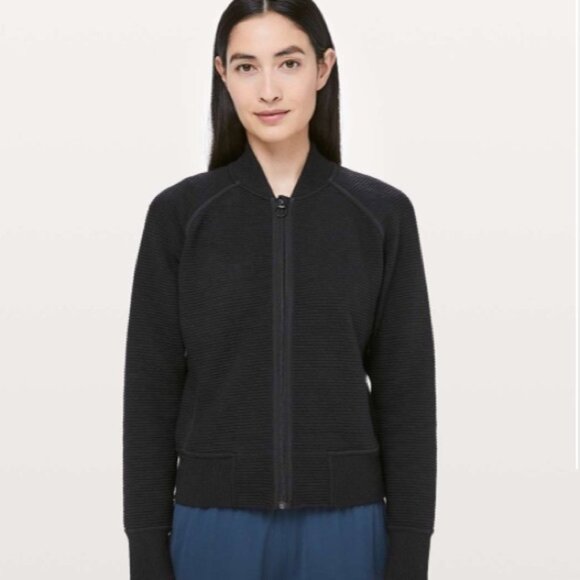 LULULEMON On Repeat Bomber Jacket Coat Ribbed Stretch Cotton Blend Black Women 6 - Picture 1 of 13